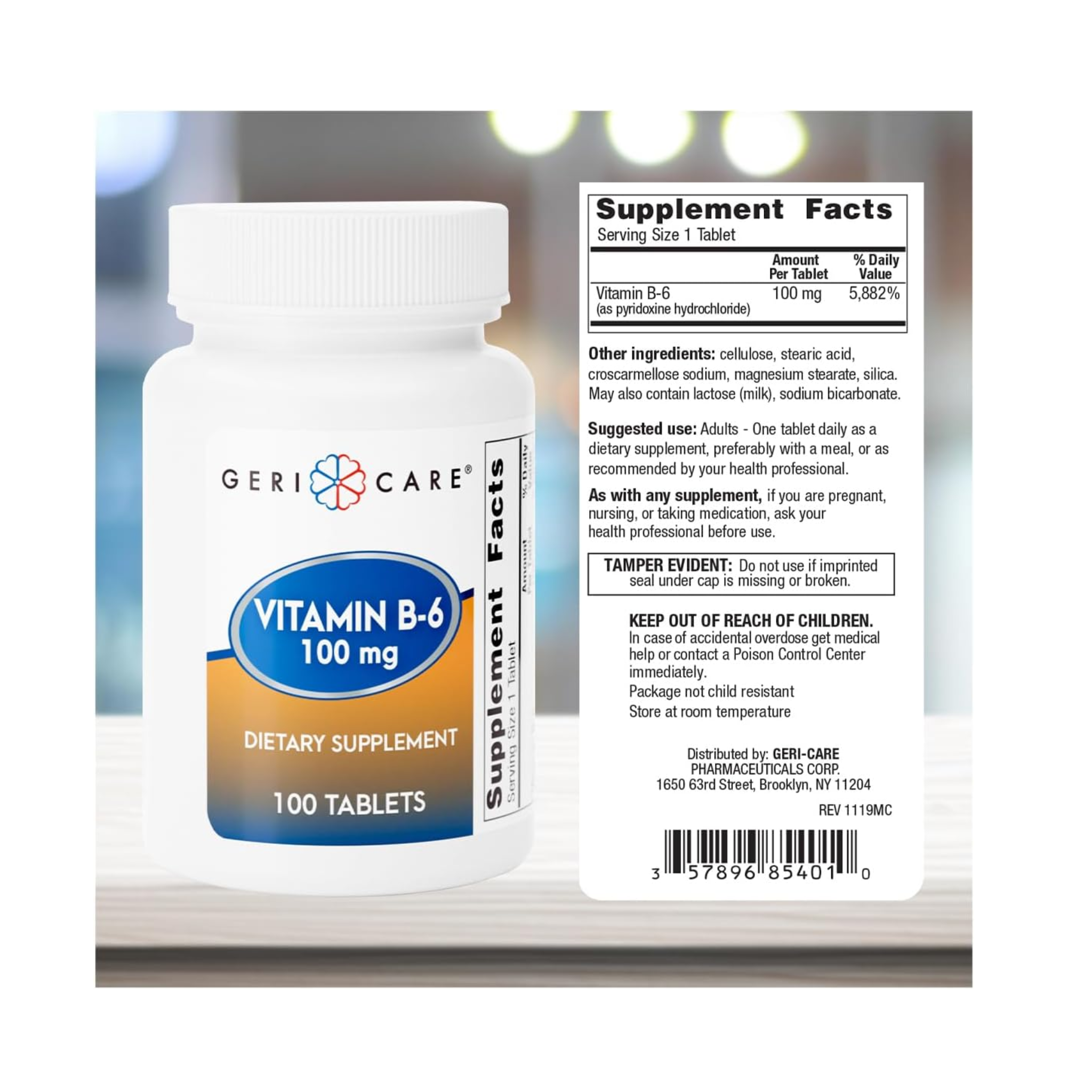 Gericare, Vitamin B-6 Tablets, 100 mg, Supports Nervous System & Metabolism, 100 Count