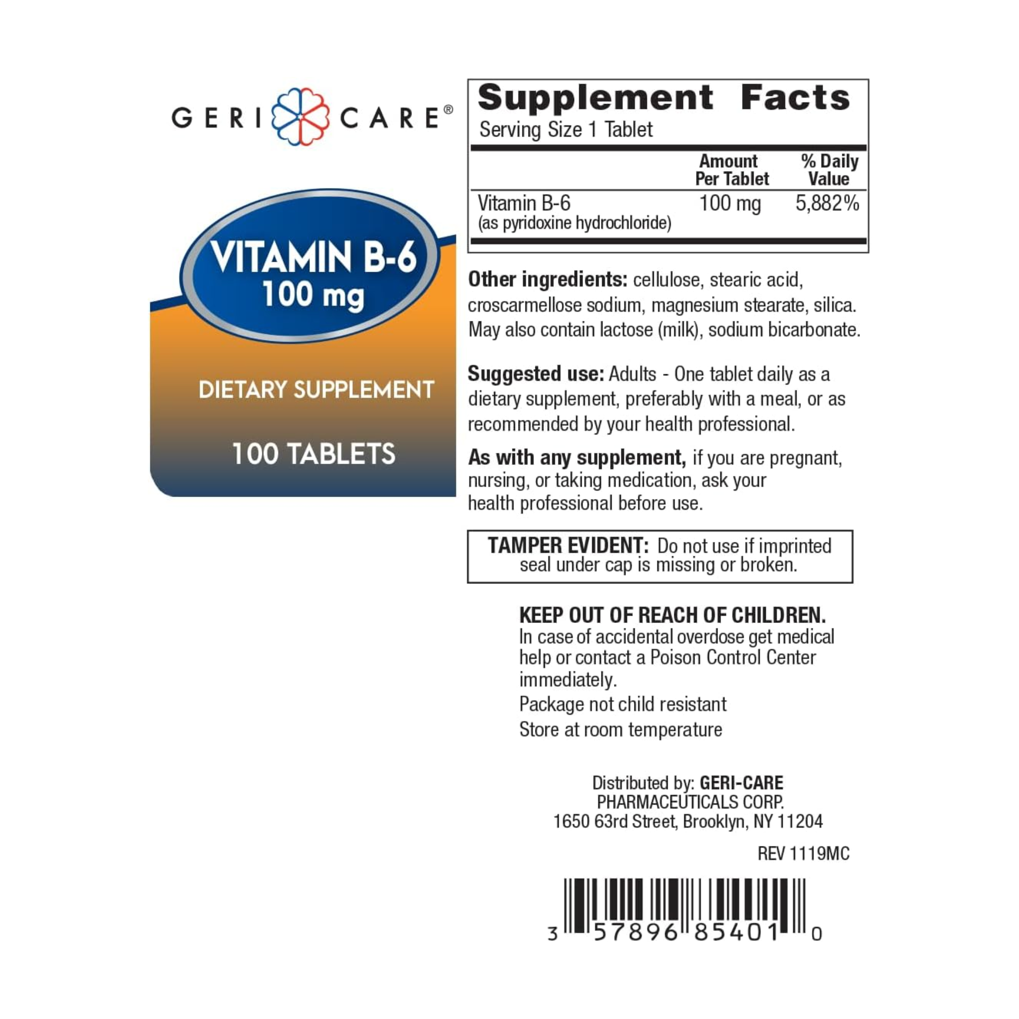 Gericare, Vitamin B-6 Tablets, 100 mg, Supports Nervous System & Metabolism, 100 Count