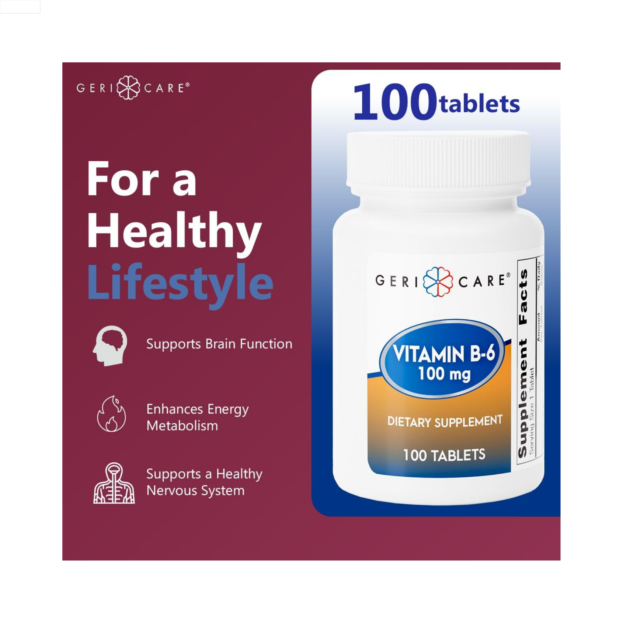 Gericare, Vitamin B-6 Tablets, 100 mg, Supports Nervous System & Metabolism, 100 Count