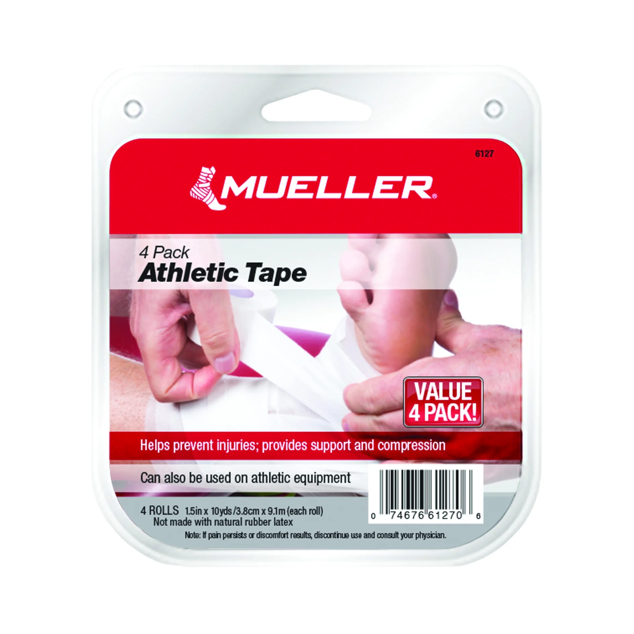 Mueller, Athletic Tape, Strong and Supportive Non-Elastic Sports Wrap, White, 1.5" x 10 Yd, 4-Count