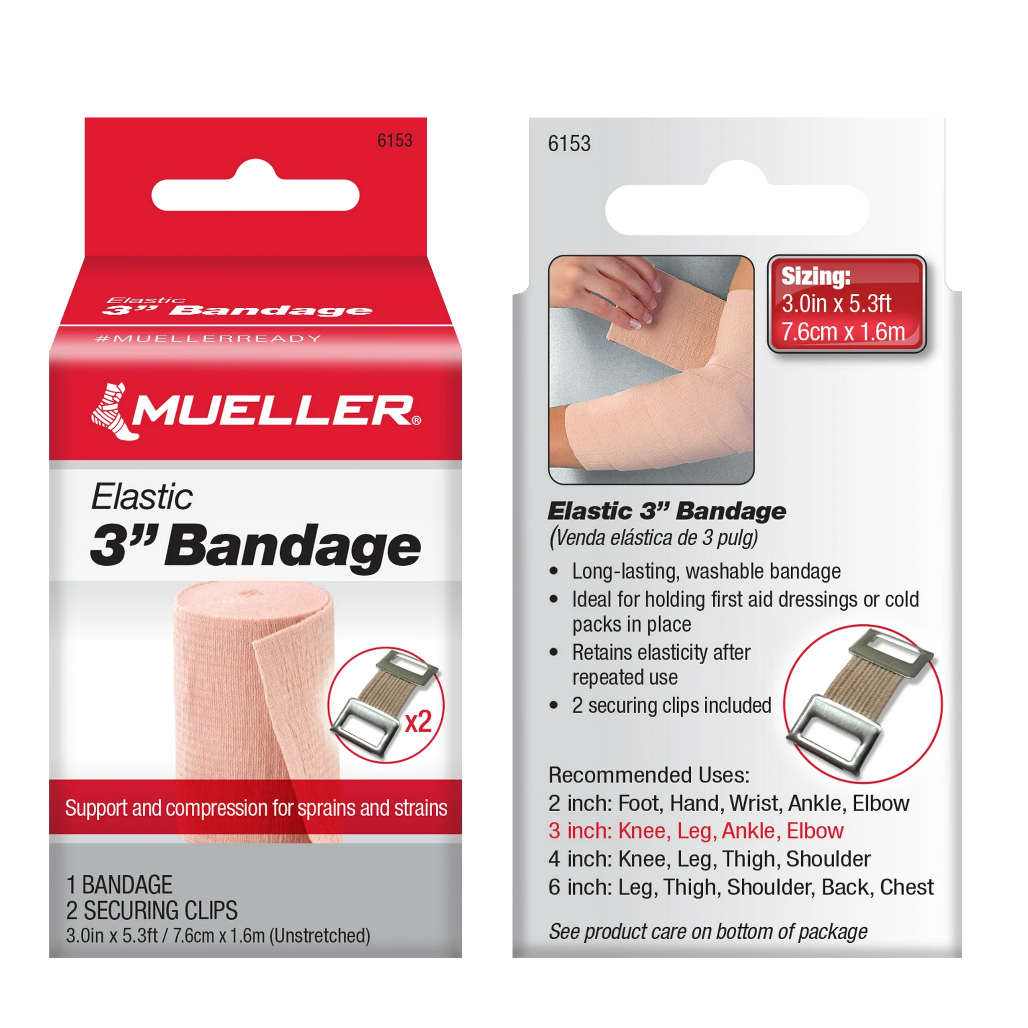 Mueller Sports Medicine, Elastic Bandage with Clips, Supportive & Adjustable Wrap, 3 Inch