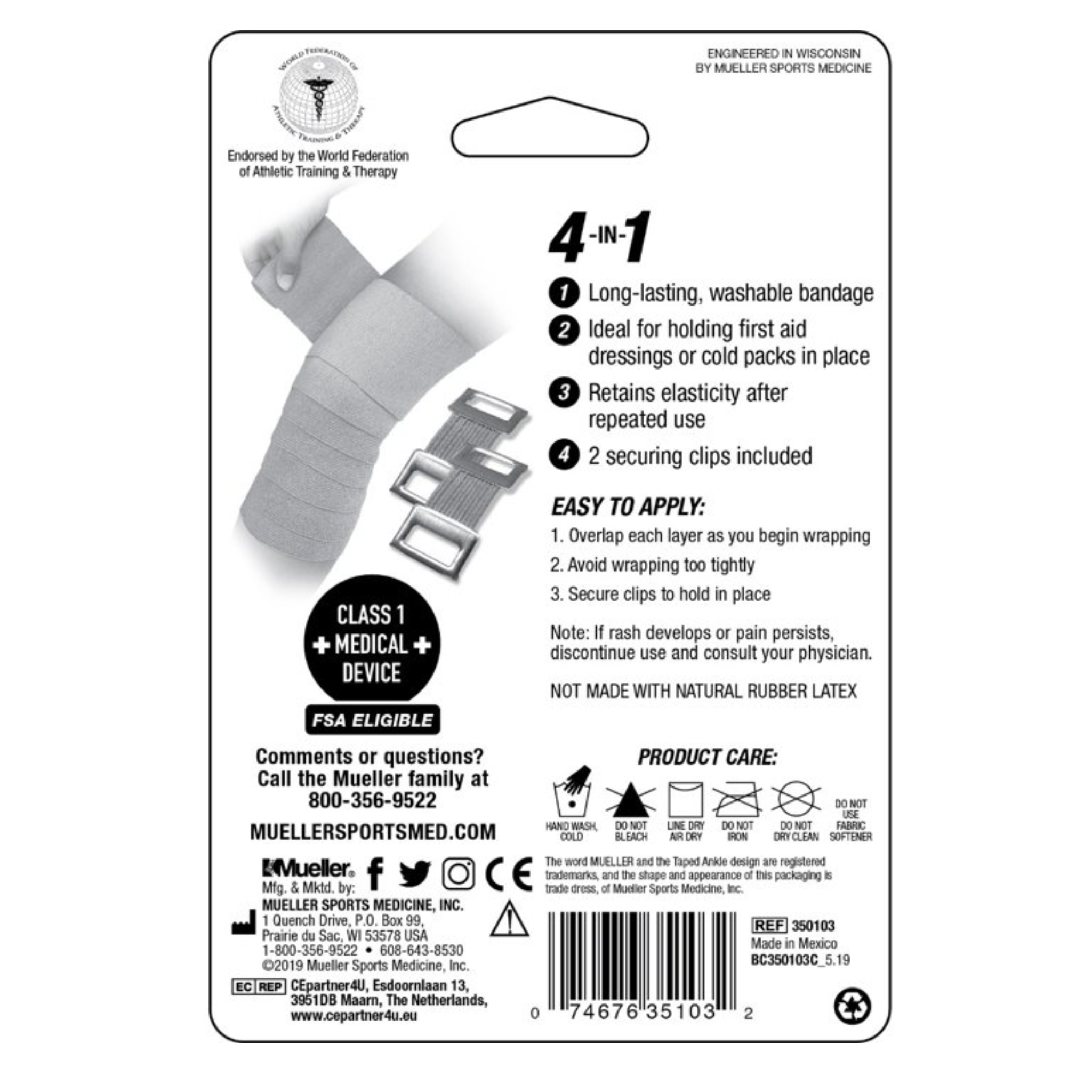 Mueller Sports Care, Elastic Bandage, Supportive Wrap with Clips, 4-Inch, 1 Count