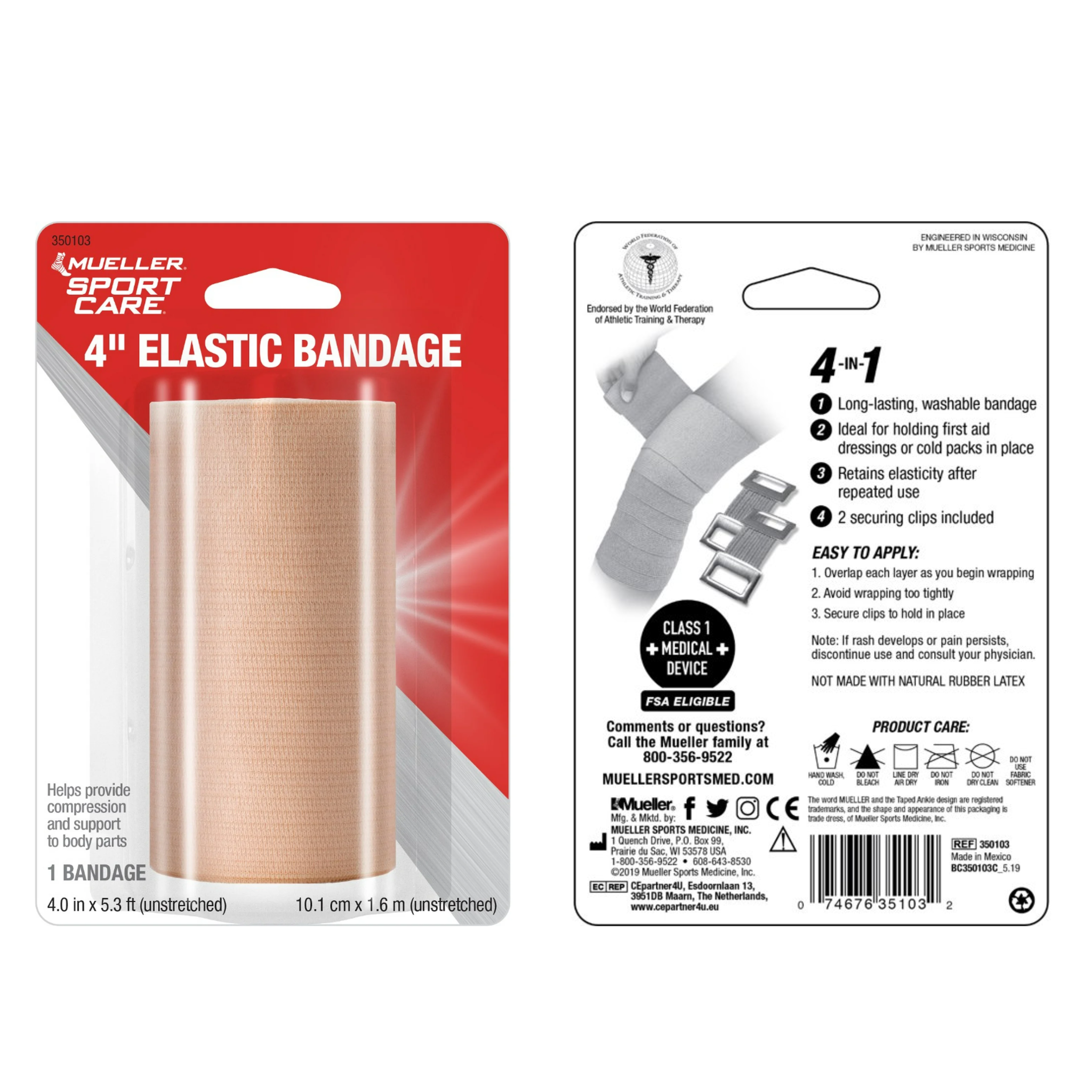 Mueller Sports Care, Elastic Bandage, Supportive Wrap with Clips, 4-Inch, 1 Count