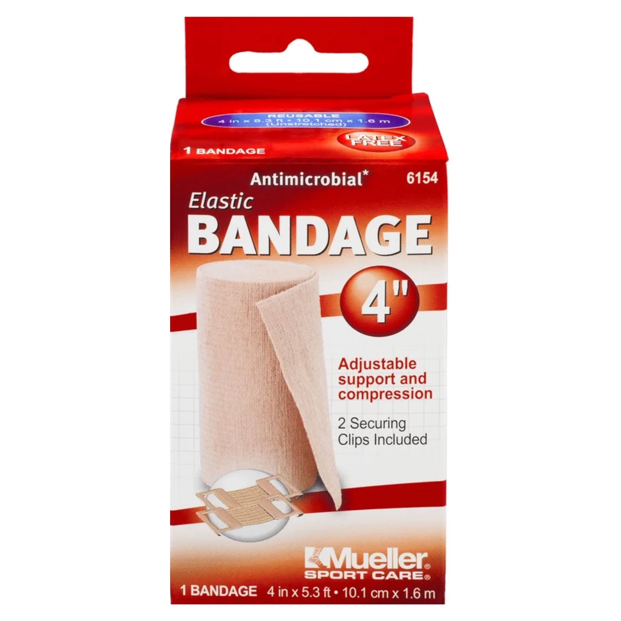 Mueller Sports Care, Antimicrobial Elastic Bandage, Secure Wrap with Clips, 4-Inch, 1 Count