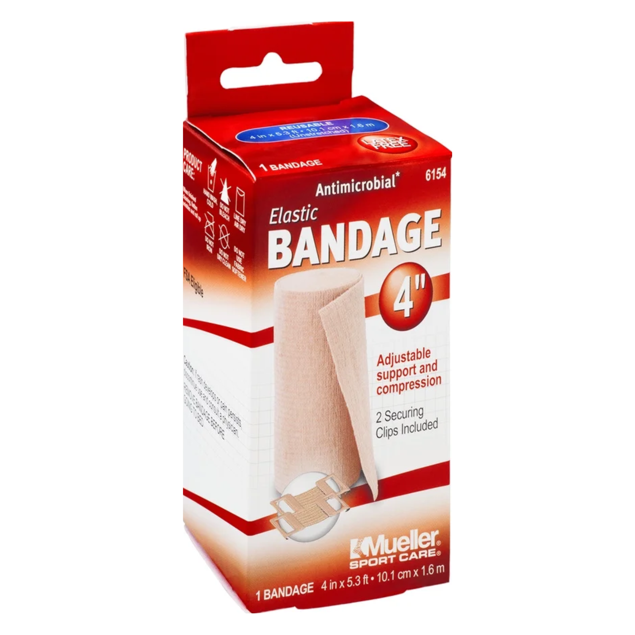 Mueller Sports Care, Antimicrobial Elastic Bandage, Secure Wrap with Clips, 4-Inch, 1 Count