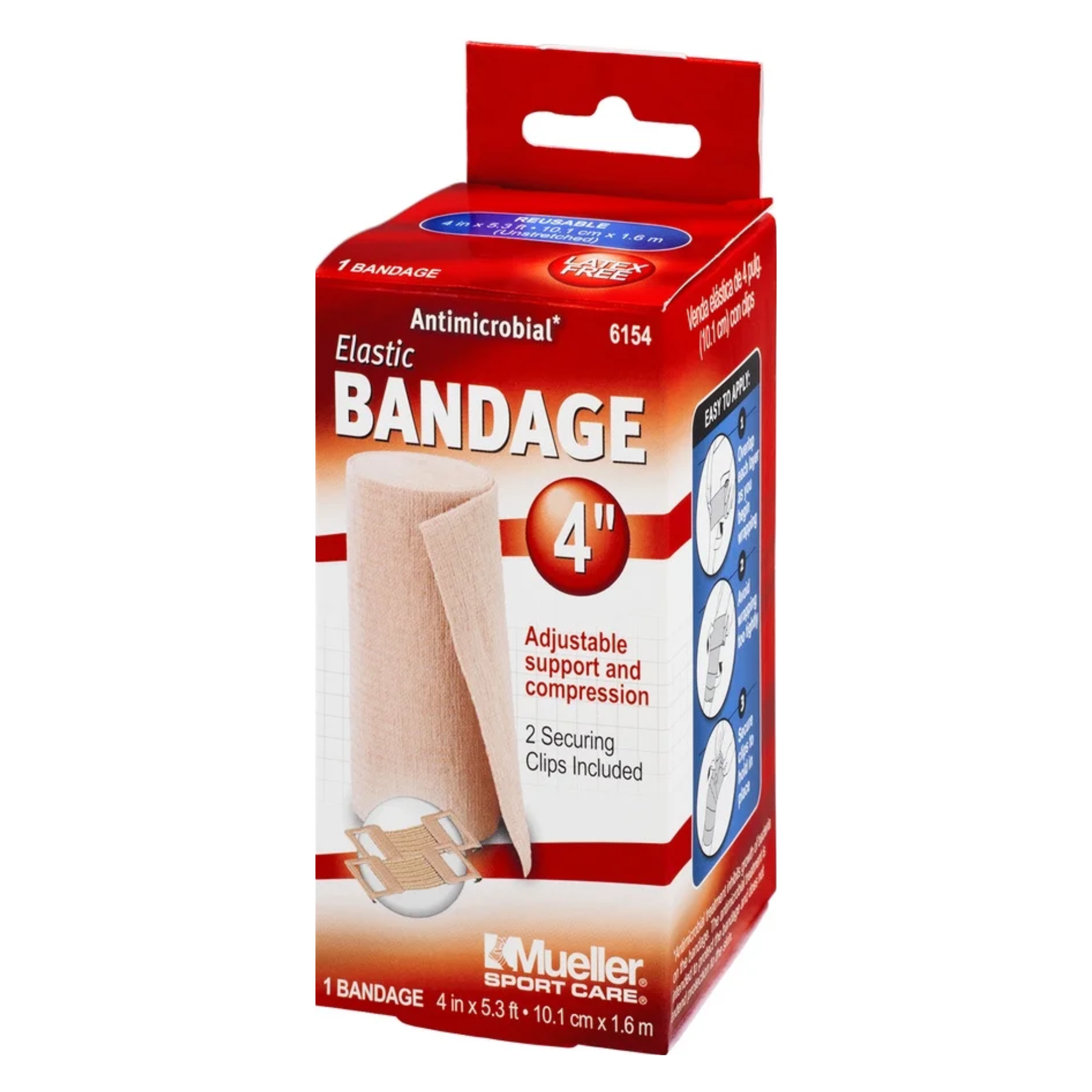 Mueller Sports Care, Antimicrobial Elastic Bandage, Secure Wrap with Clips, 4-Inch, 1 Count