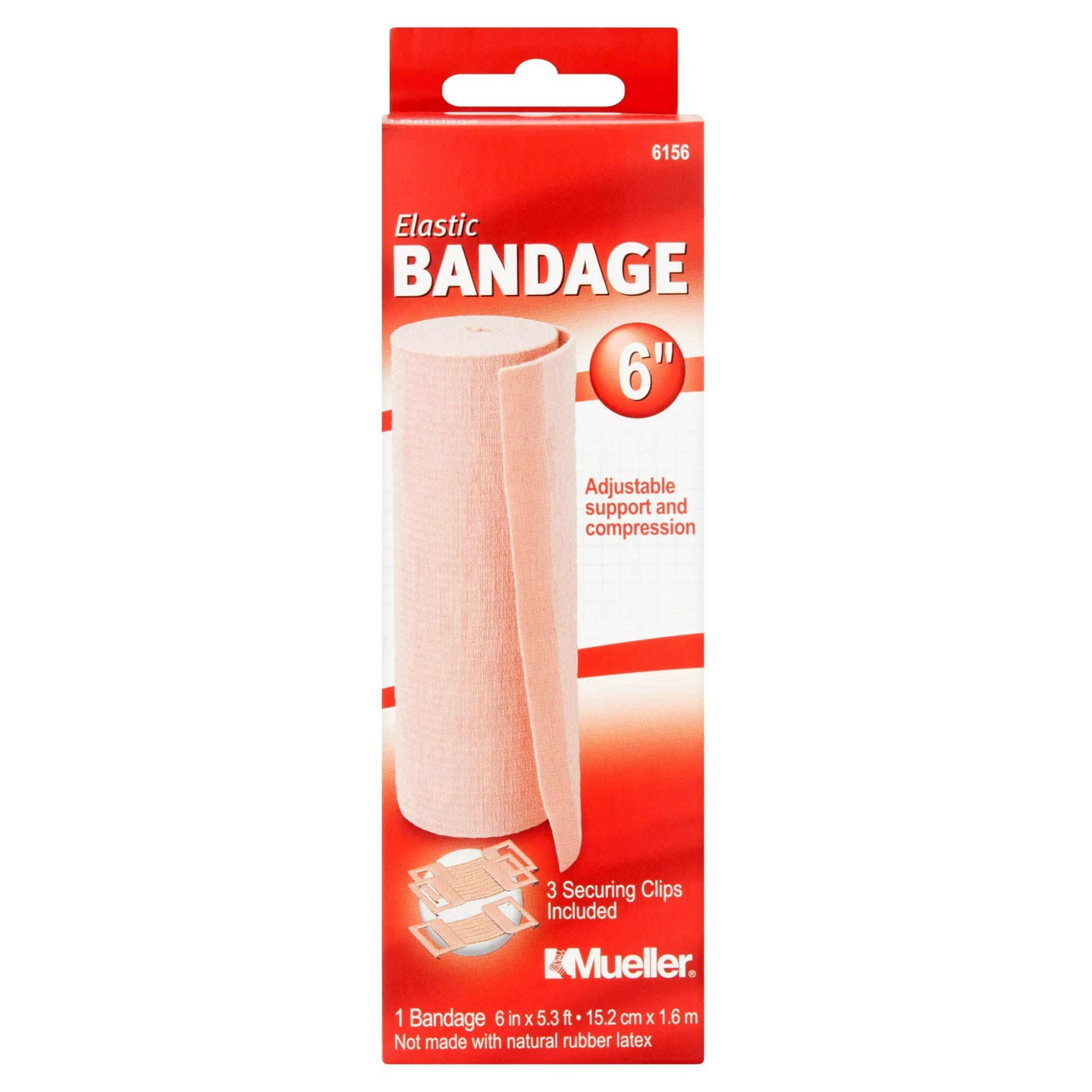 Mueller, Elastic Bandage, Secure Wrap with Clips for Support & Compression, Beige, 6" x 5.3 ft