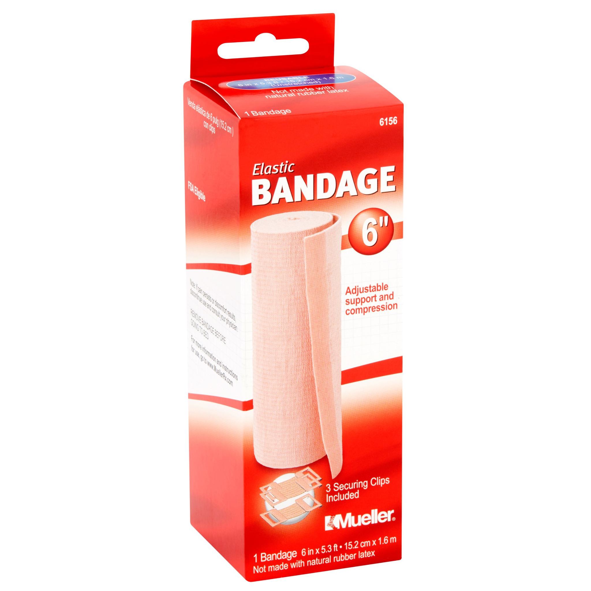 Mueller, Elastic Bandage, Secure Wrap with Clips for Support & Compression, Beige, 6" x 5.3 ft