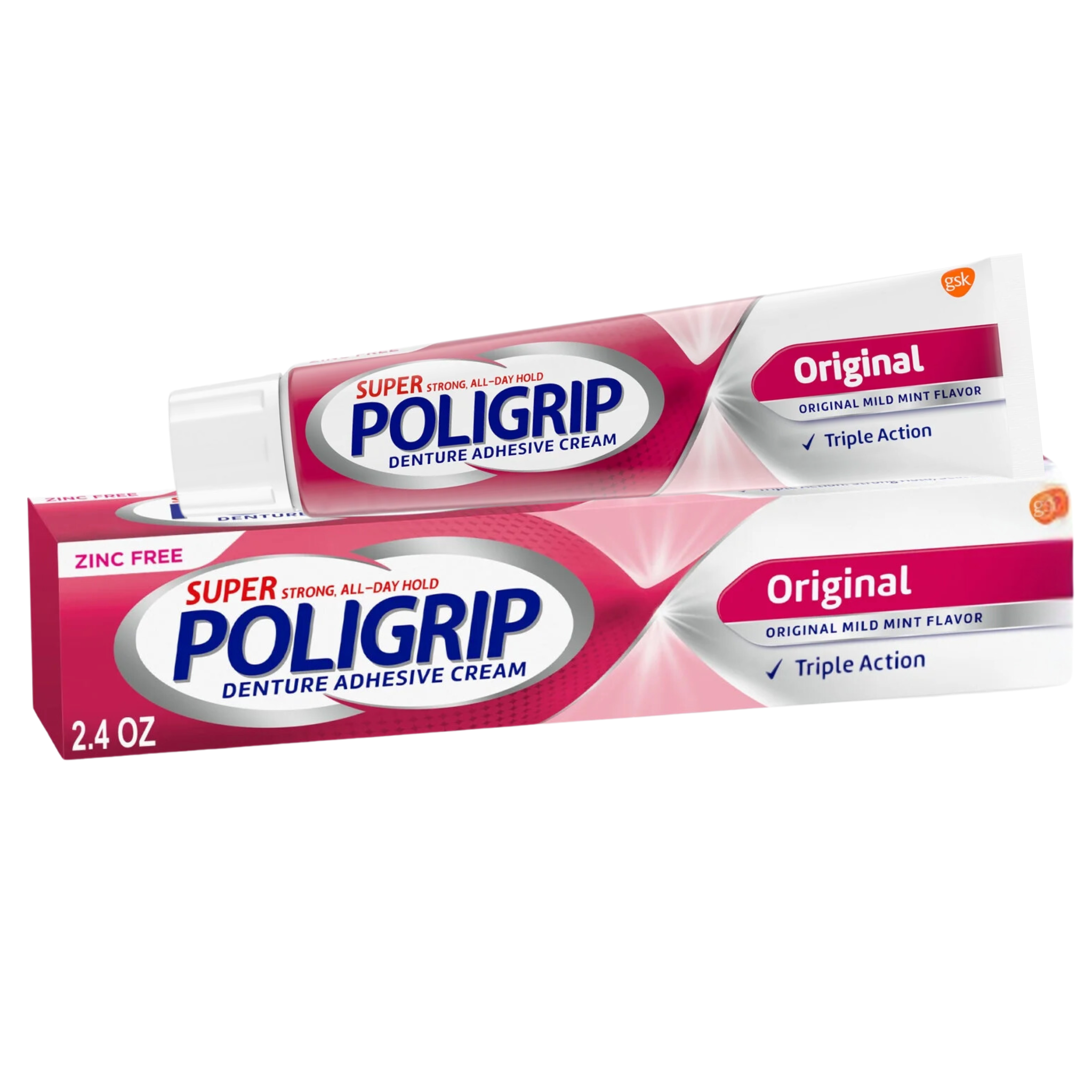 Super Poligrip, Original Zinc-Free Denture and Partials Adhesive Cream, Strong All-Day Hold for Adults, 2.4 oz
