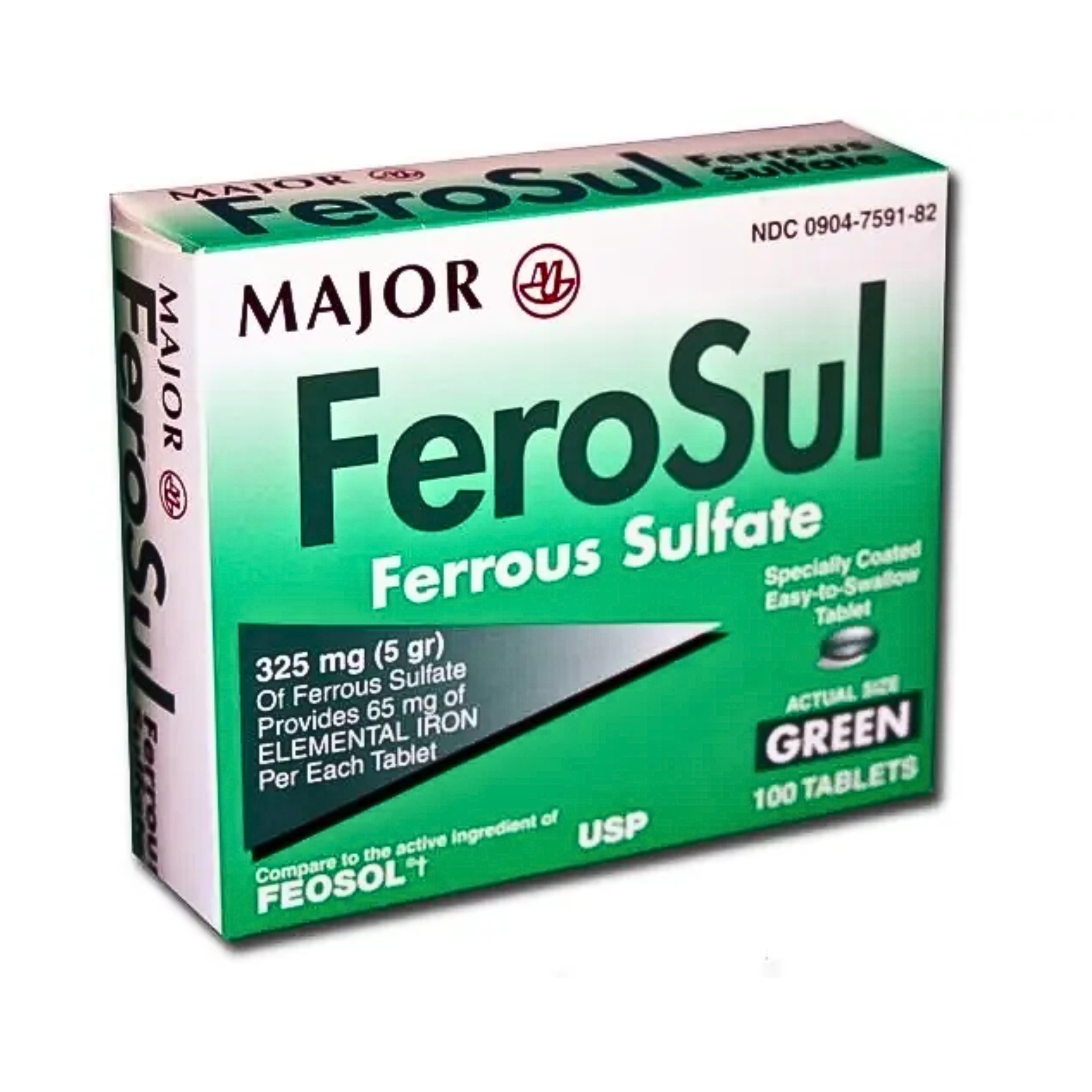 Major, FeroSul Ferrous Sulfate 325 mg, High-Potency Iron Supplement for Red Blood Cell Support, 100 Tablets