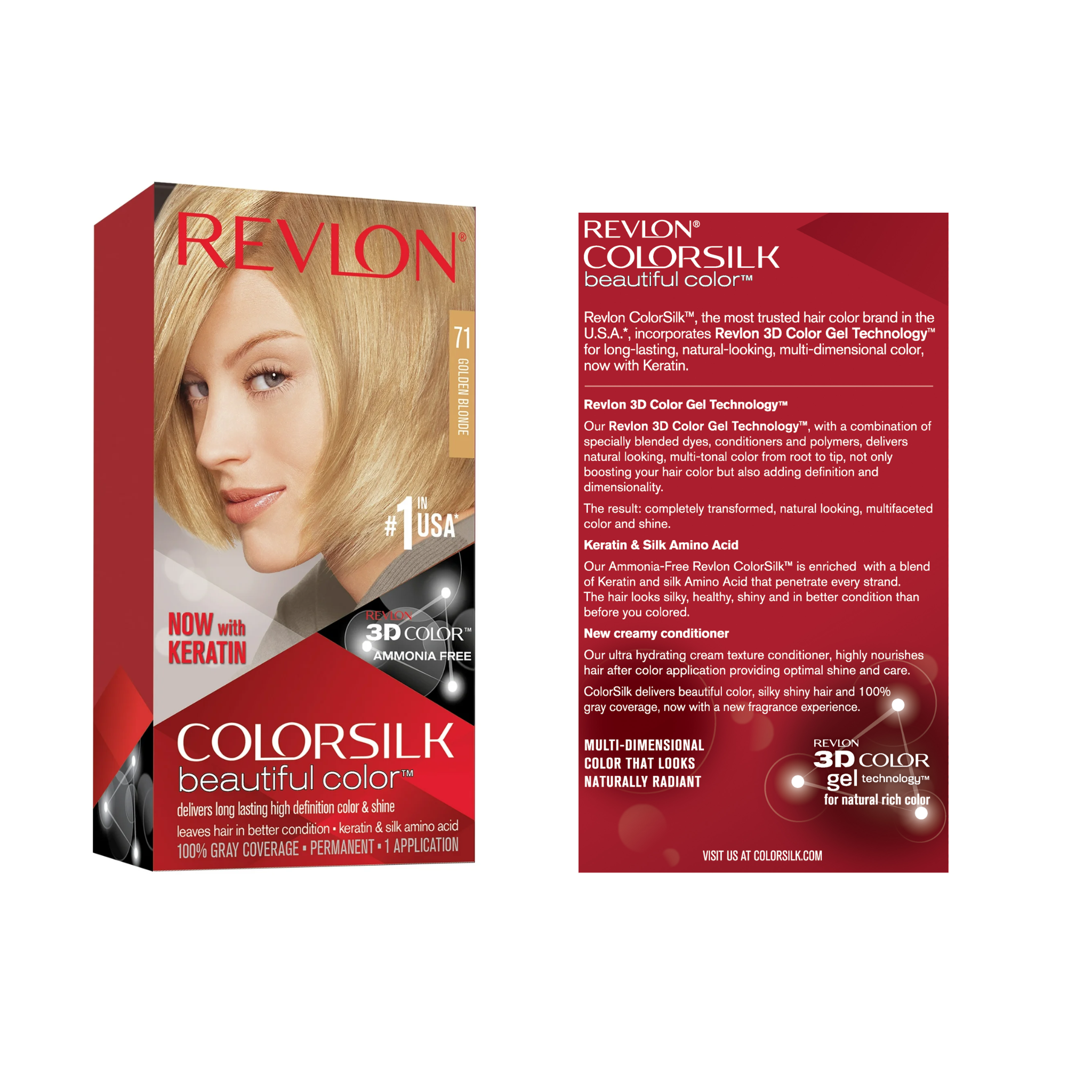 Revlon, ColorSilk Beautiful Color, 71 Golden Blonde, Long-Lasting Permanent Hair Color for Natural Shine, 1 Count - Pharmaful