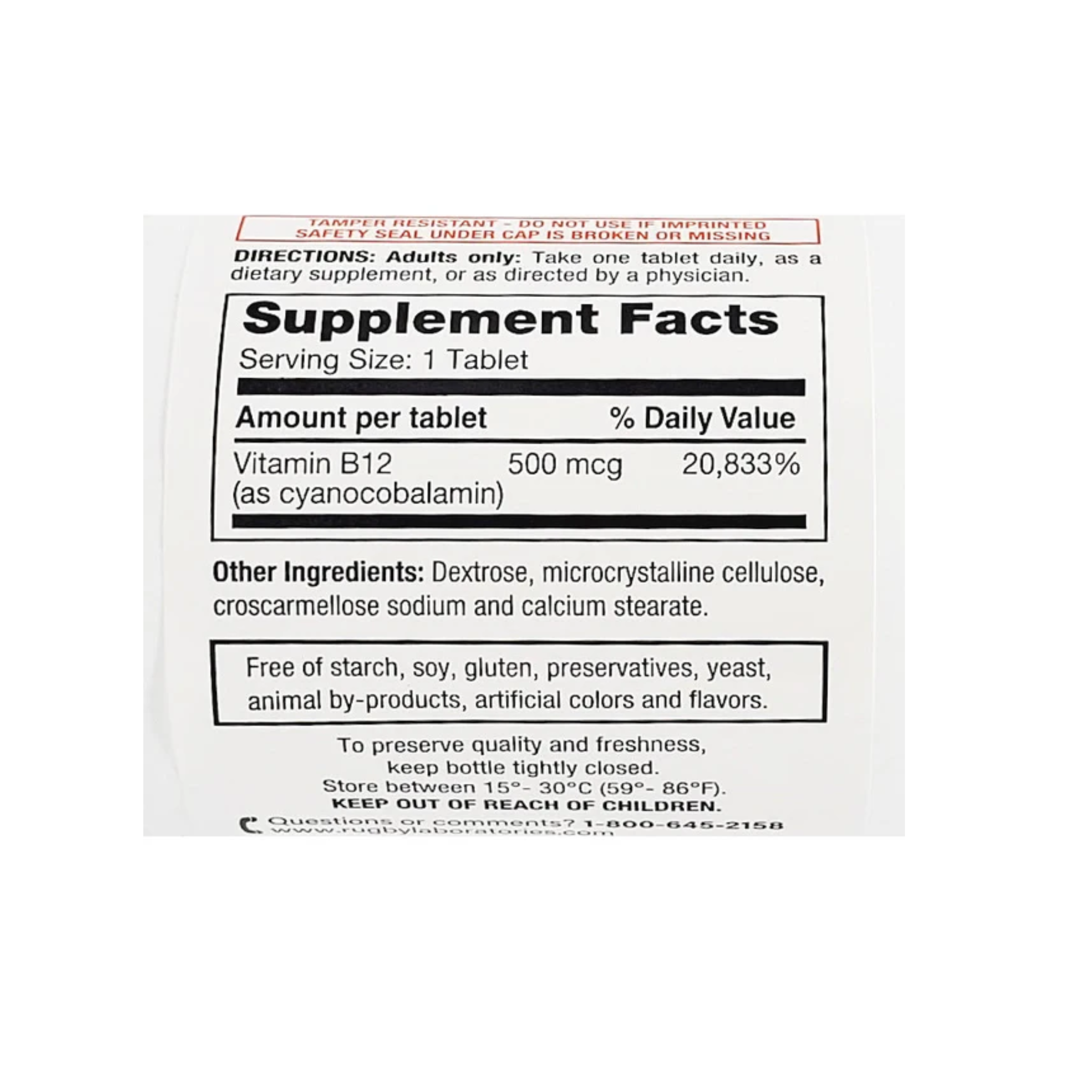 Rugby, Vitamin B-12 500 mcg, Energy & Nervous System Support, 100 Tablets