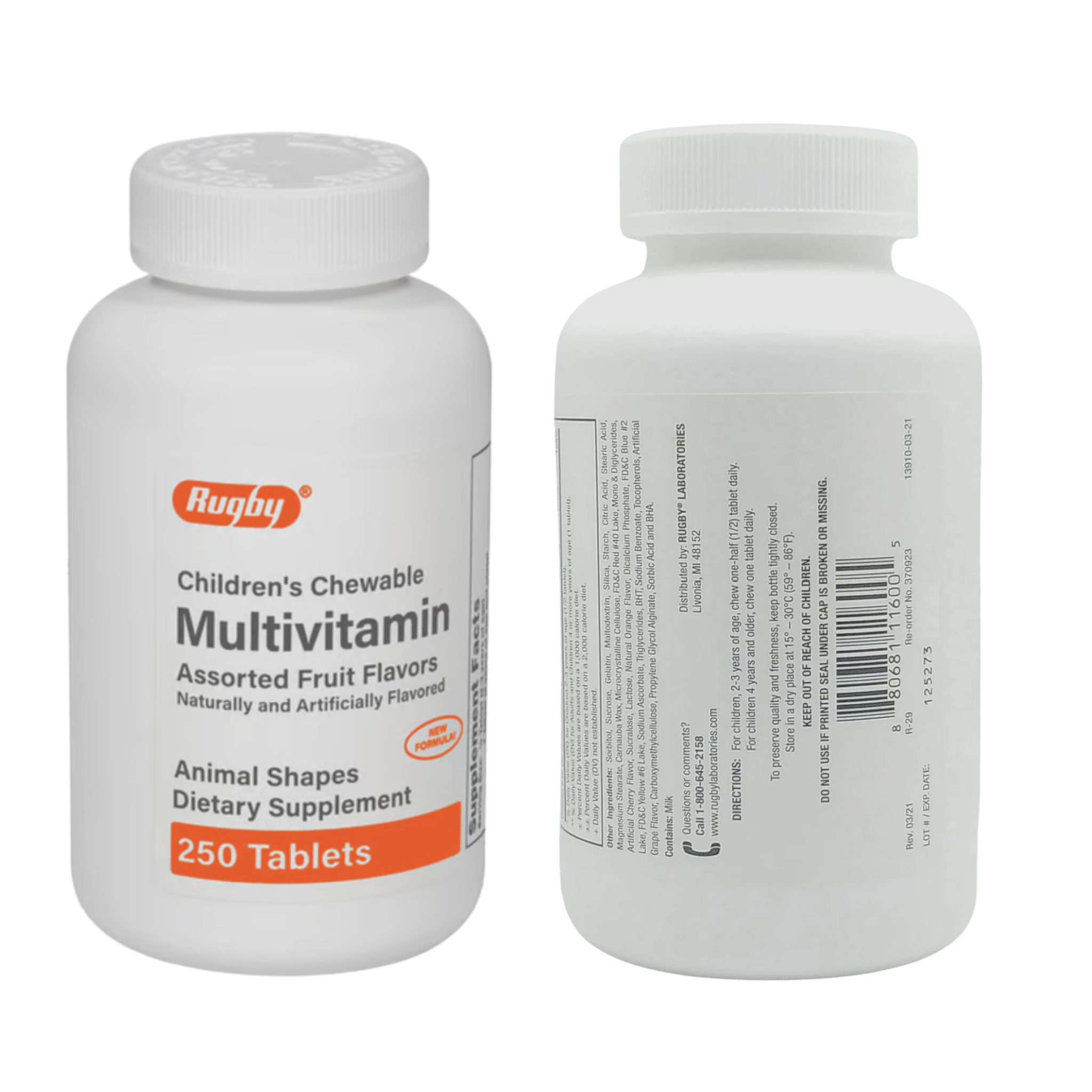 Rugby, Children's Chewable Multivitamin, Assorted Fruit Flavors, Fun Animal Shapes, 250 Tablets