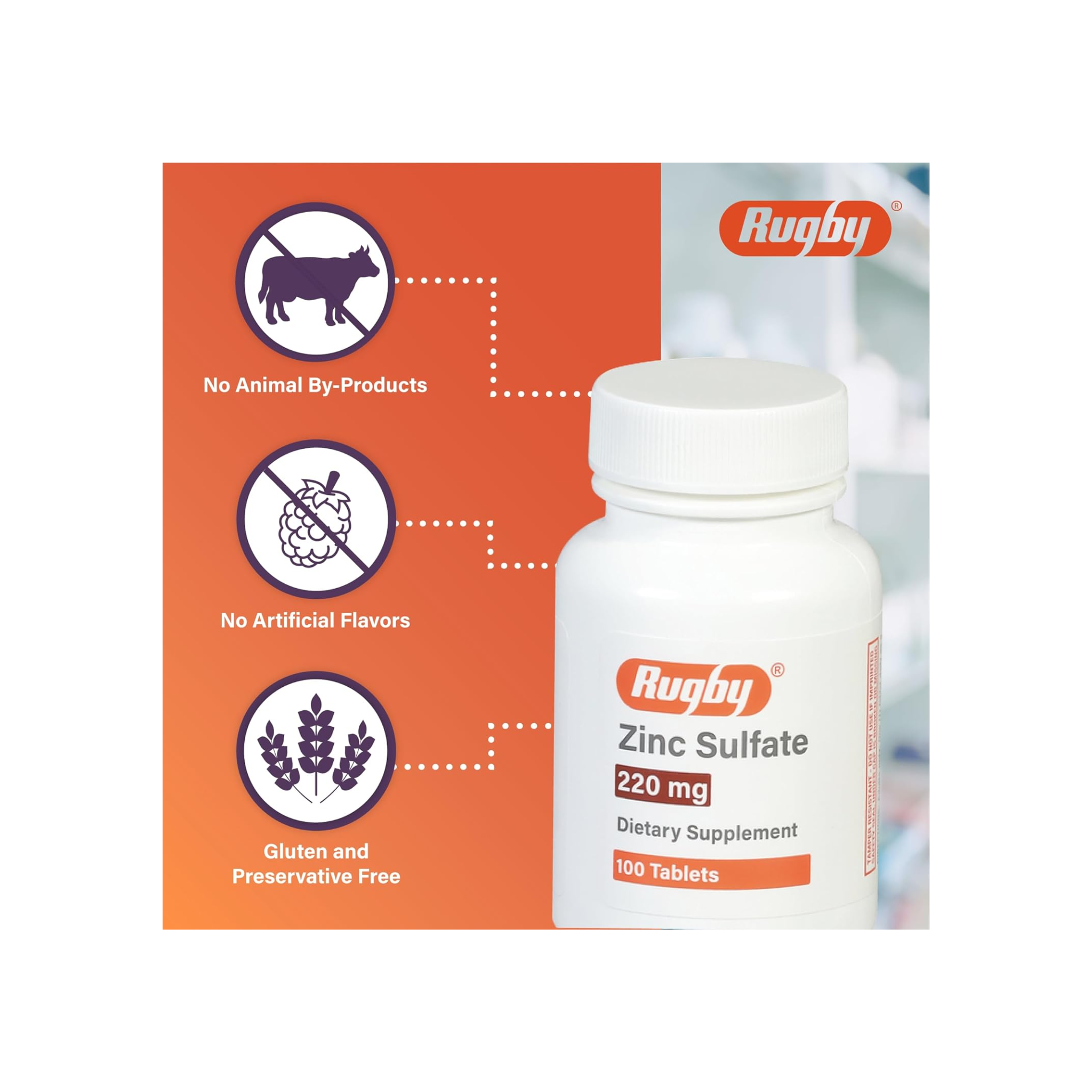 Rugby, Zinc Sulfate 220 mg, Essential Mineral for Immune & Cellular Support, 100 Tablets
