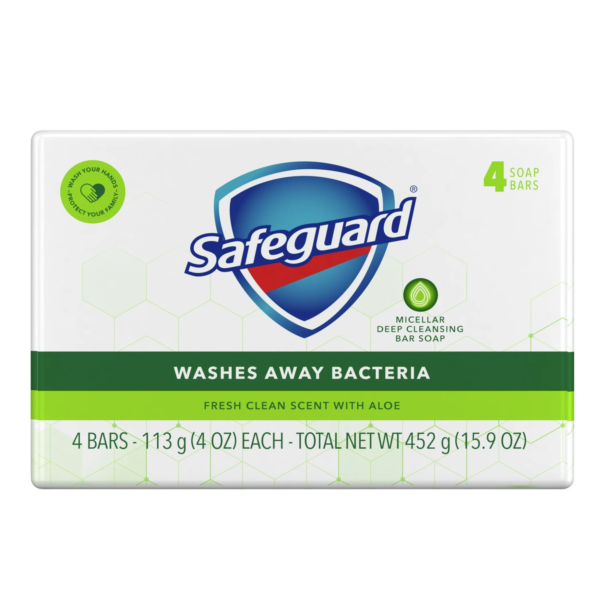 Safeguard, Antibacterial Bar Soap, White with Aloe Vera, Kills 99.9% of Germs, 4 Bars, 4 oz - Pharmaful