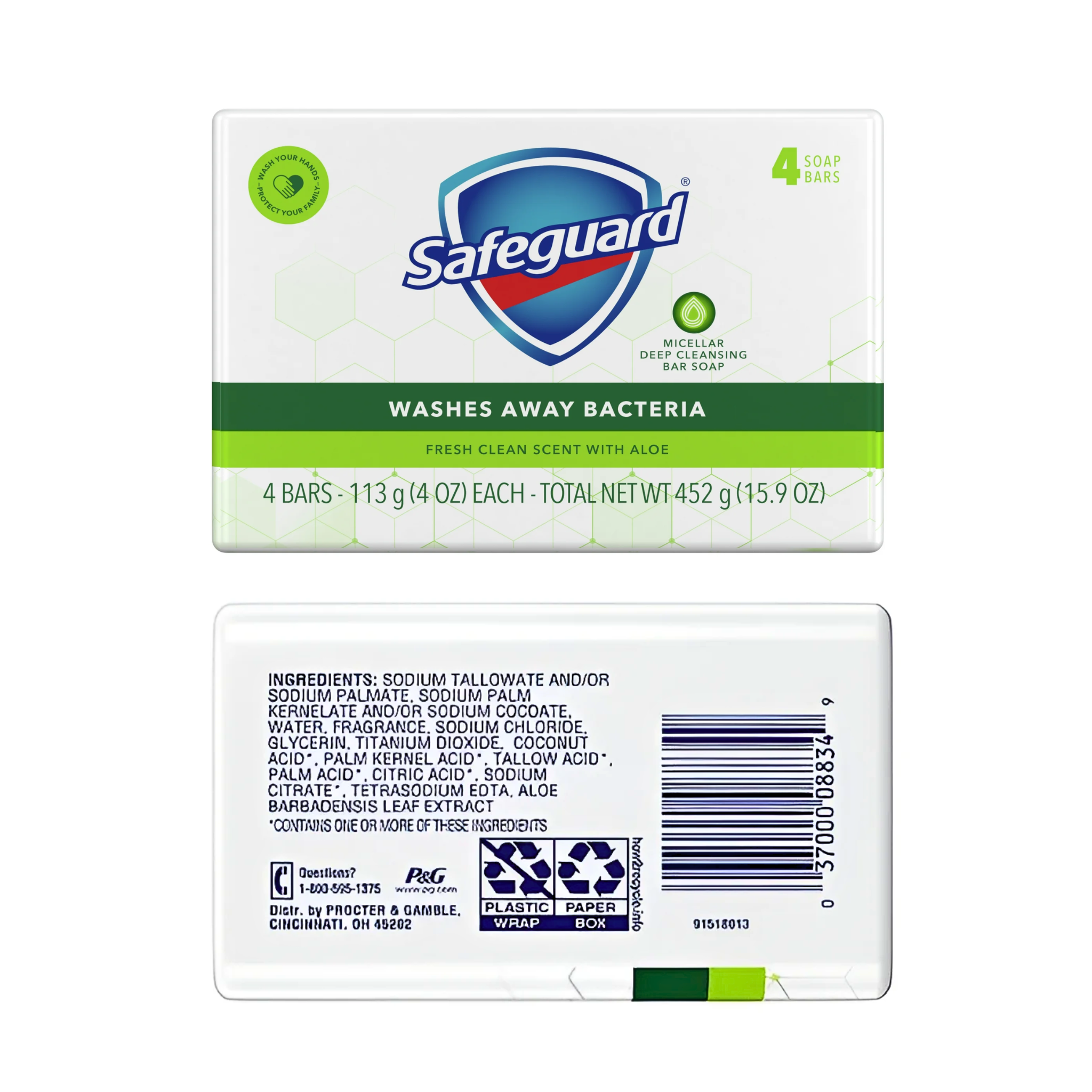 Safeguard, Antibacterial Bar Soap, White with Aloe Vera, Kills 99.9% of Germs, 4 Bars, 4 oz - Pharmaful