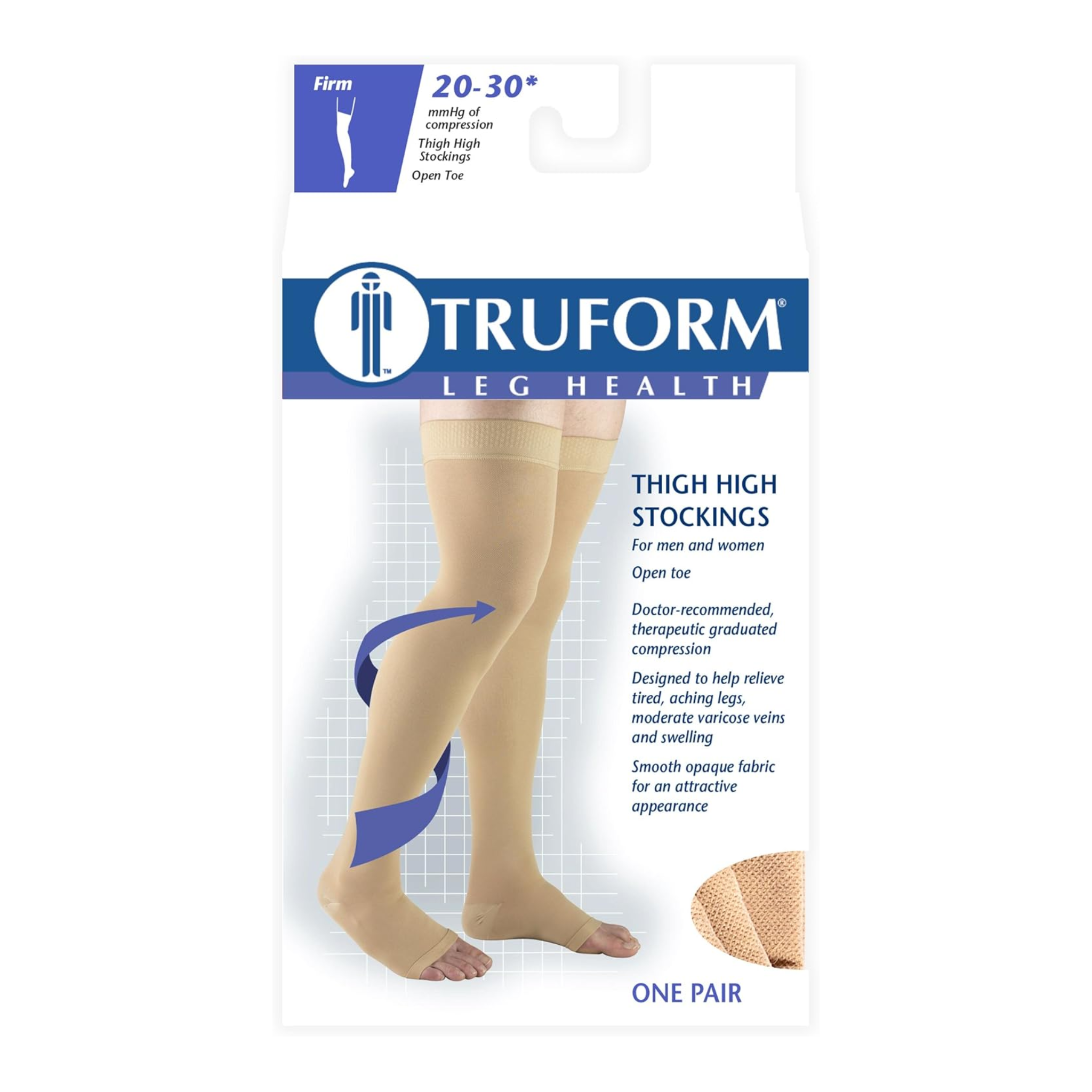 Truform, 20-30 mmHg Compression Stockings for Men and Women, Thigh High, Dot-Top, Open Toe, Medium, Beige
