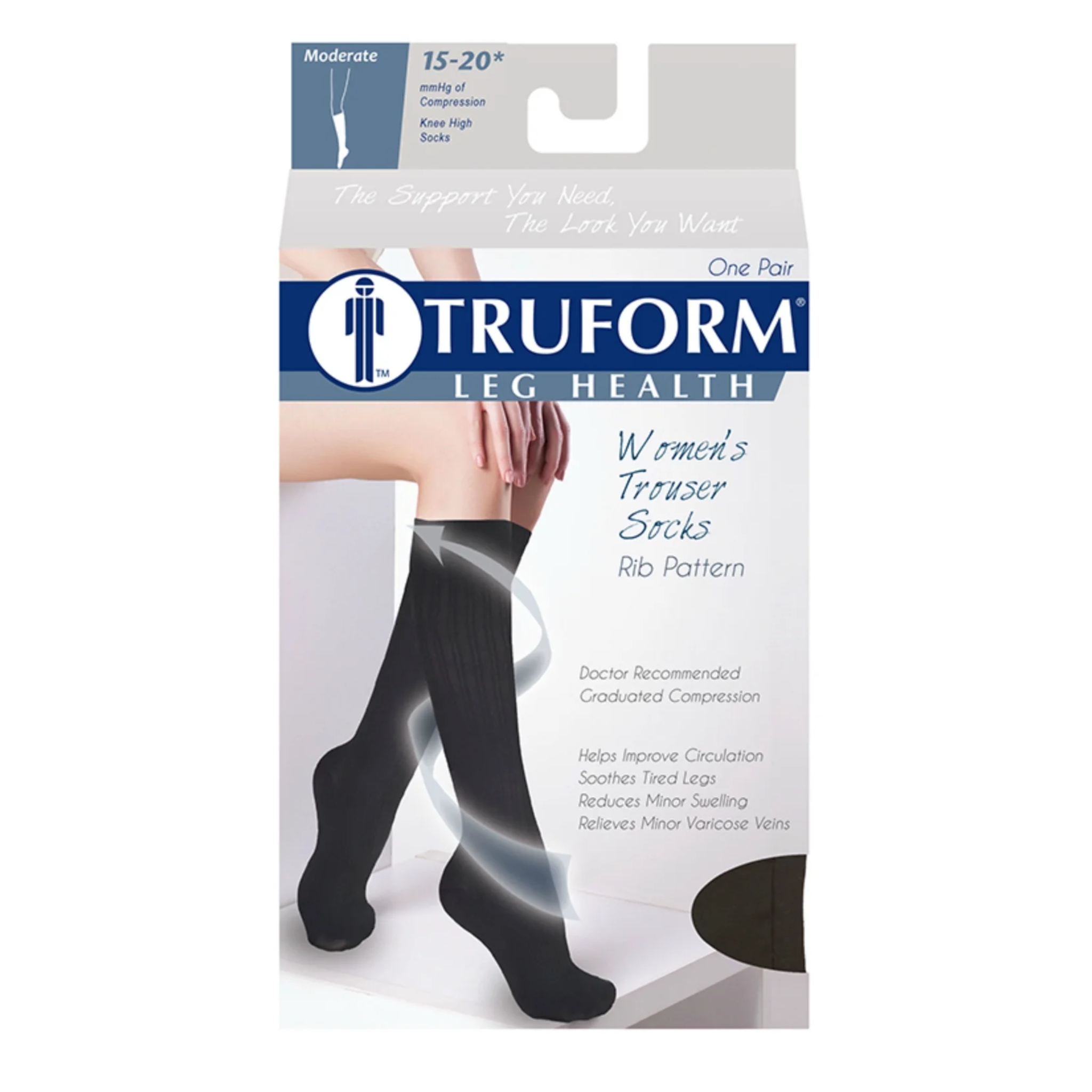 Truform, Women's Trouser Compression Socks, Knee High, Rib Pattern, 15-20 mmHg, Large, Black