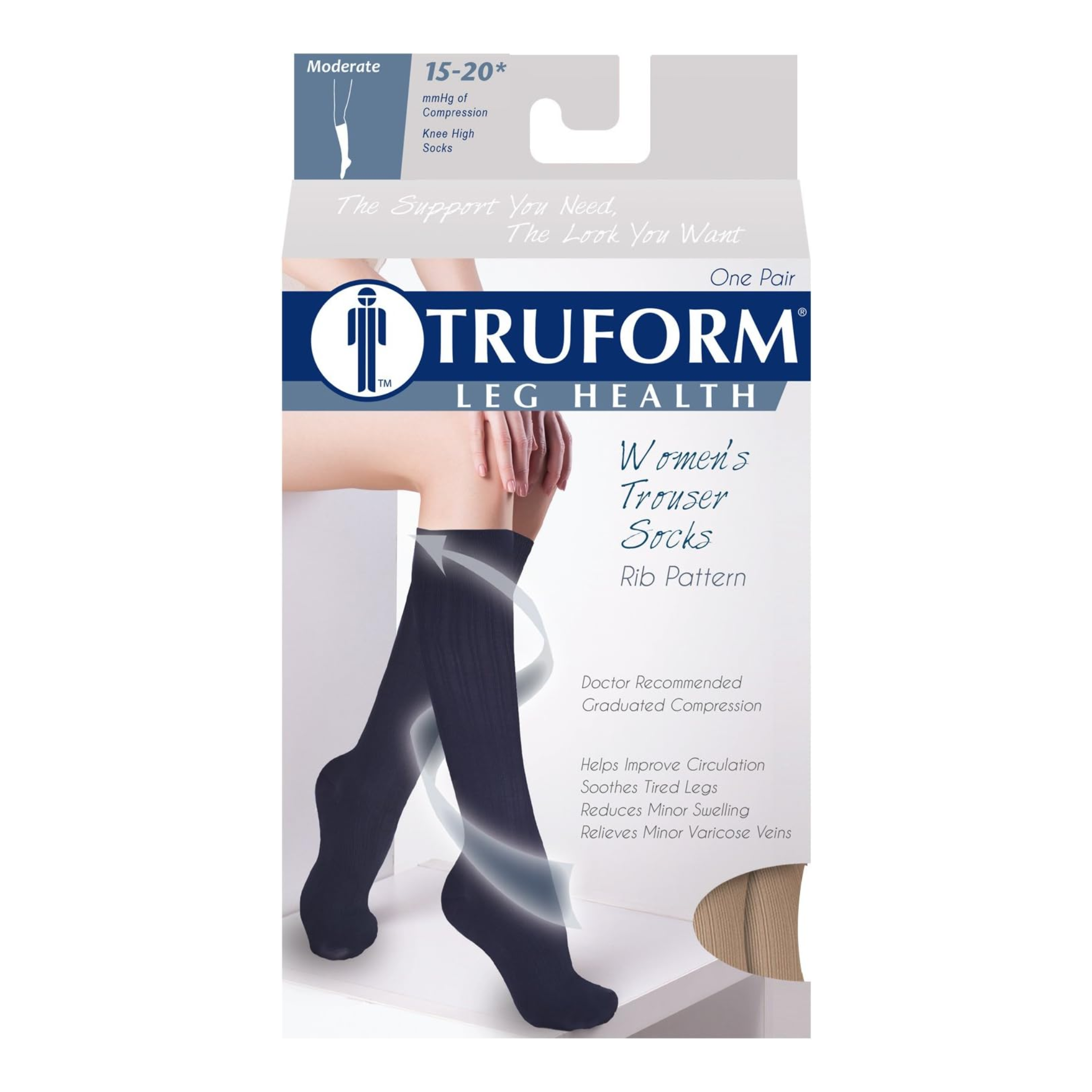 Truform, Women's Trouser Compression Socks, Knee High, Rib Pattern, 15-20 mmHg, X-Large, Tan