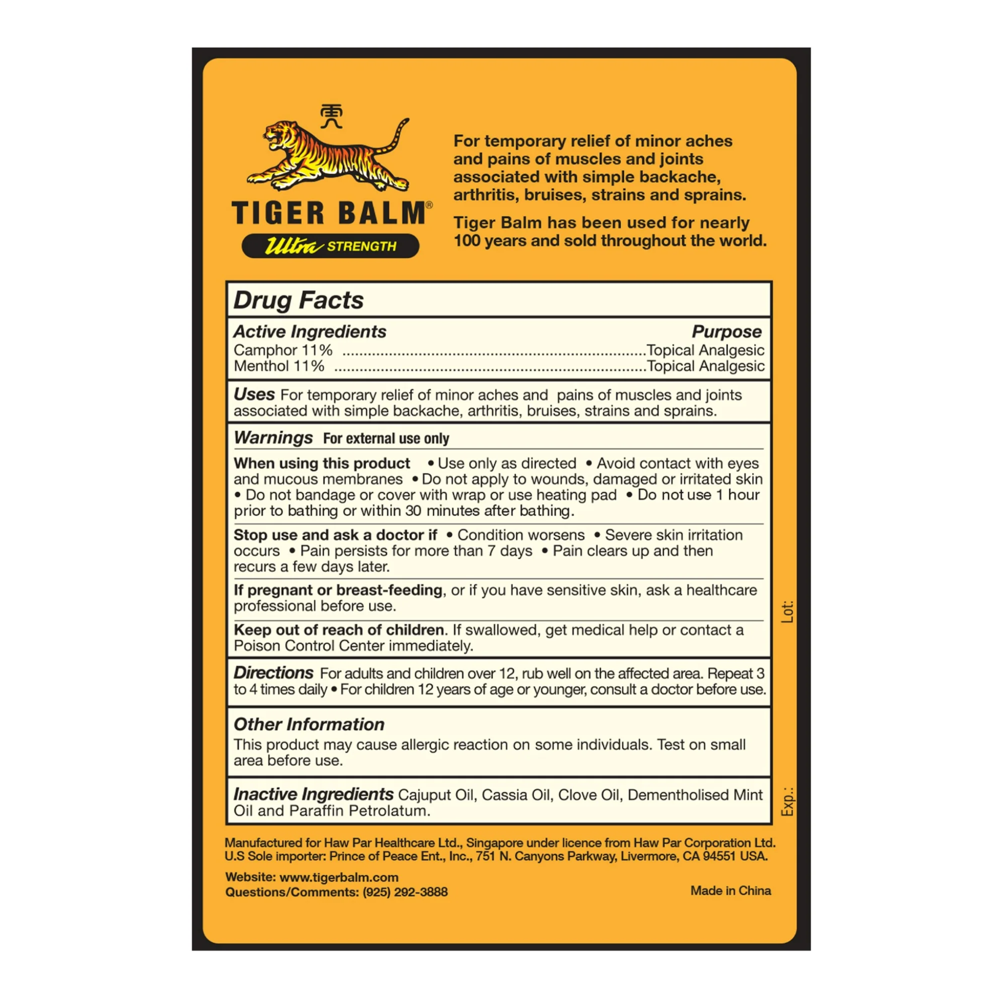 Tiger Balm, Ultra Strength Pain Relieving Ointment, Deep Penetrating Formula for Sore Muscles and Joints, 0.63 oz