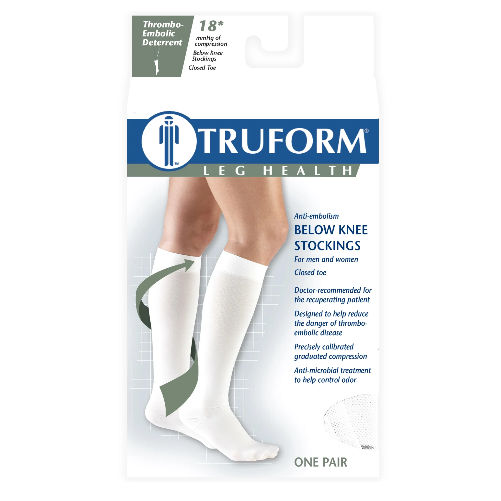 Truform, Anti-Embolism Stockings, Knee-High, Closed Toe, 18 mmHg, White, Medium