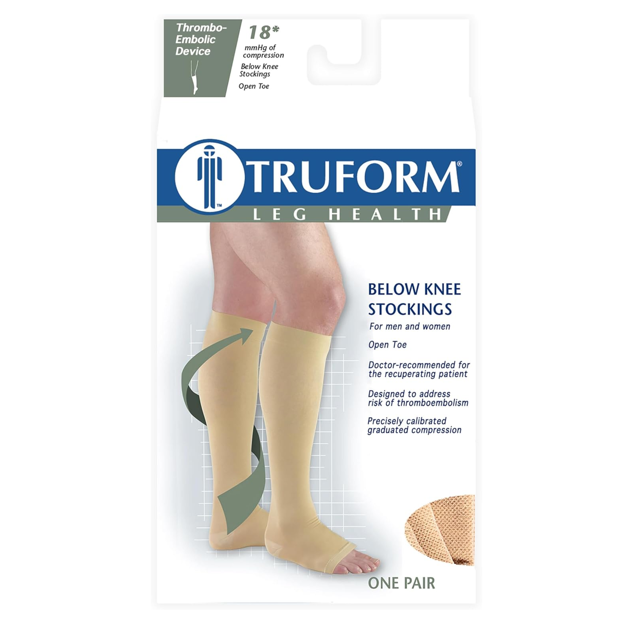 Truform, Anti-Embolism Stockings, Knee-High, Open Toe, 18 mmHg, Beige, Large