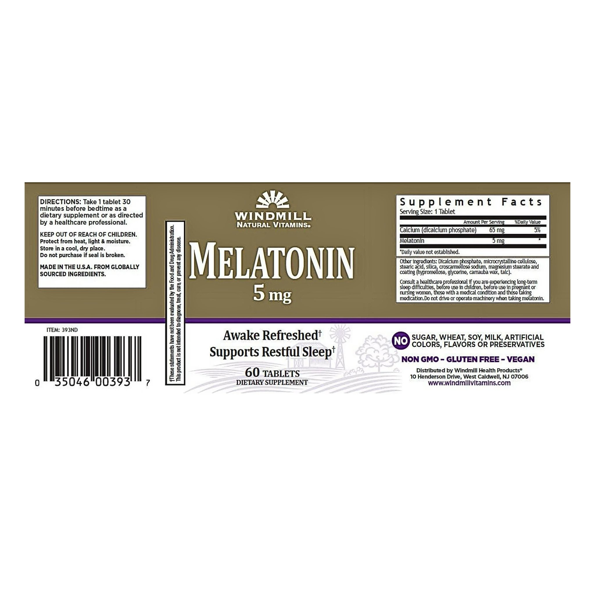 Windmill, Melatonin Tablets, 5mg Nighttime Sleep Support, 60 Count